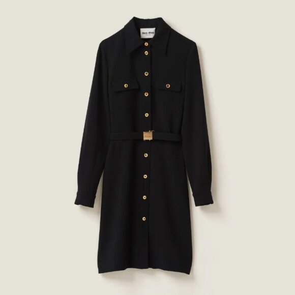 NWT Miu Miu Cady Shirt Dress Black Button Down Belted w/ Gold Tone Logo Buckle - Picture 2 of 10